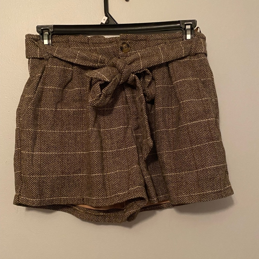 She + Sky Brown Tweed Herringbone Pattern Paperbag High-waisted Shorts